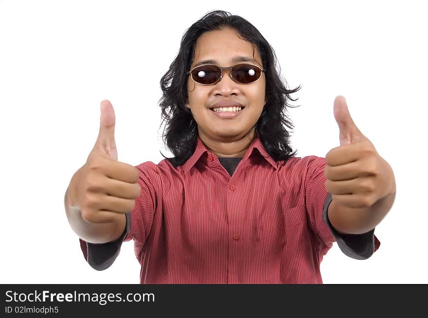 Long hair man with sunglasses give thumb isolated on white background