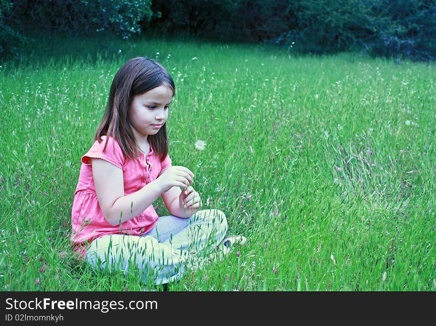 One girl about to blow on dandelion