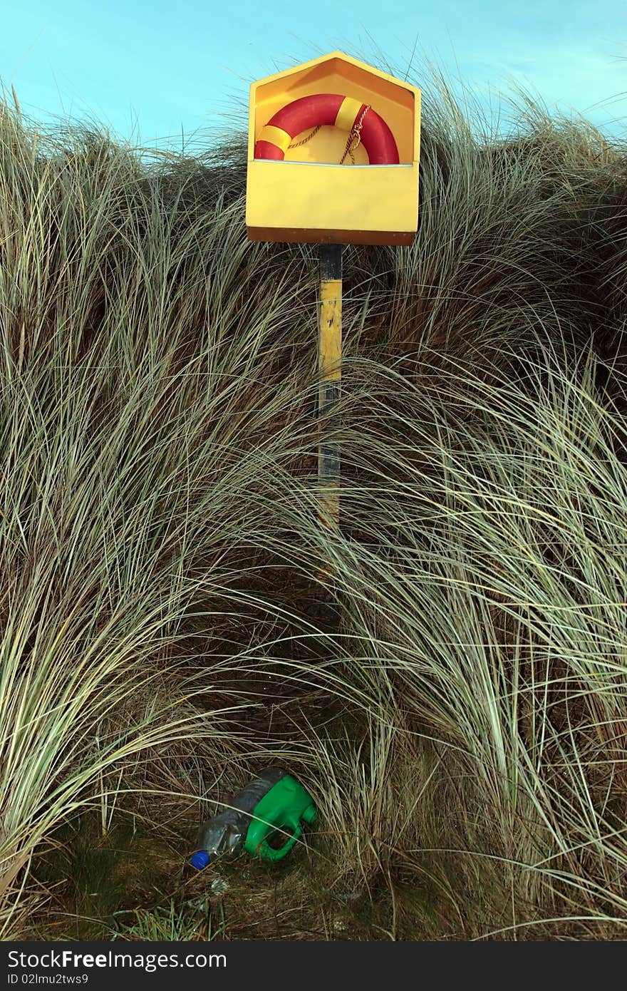 Lifebuoy among wild grass and rubbish