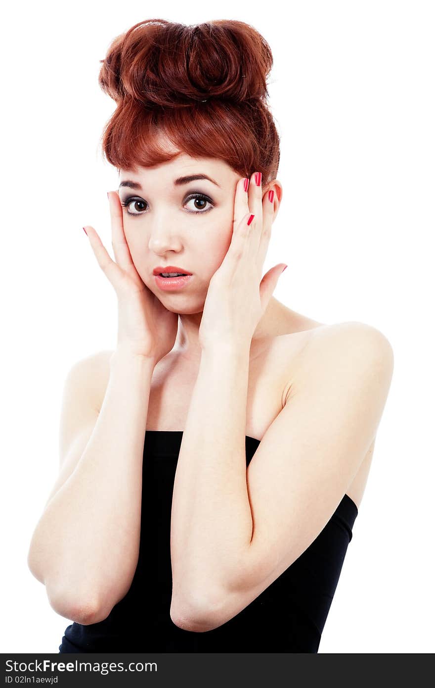 Girl in shock isolated on white