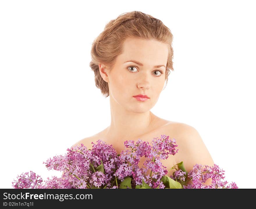 Beautiful girl with lilac isolated on white. Beautiful girl with lilac isolated on white