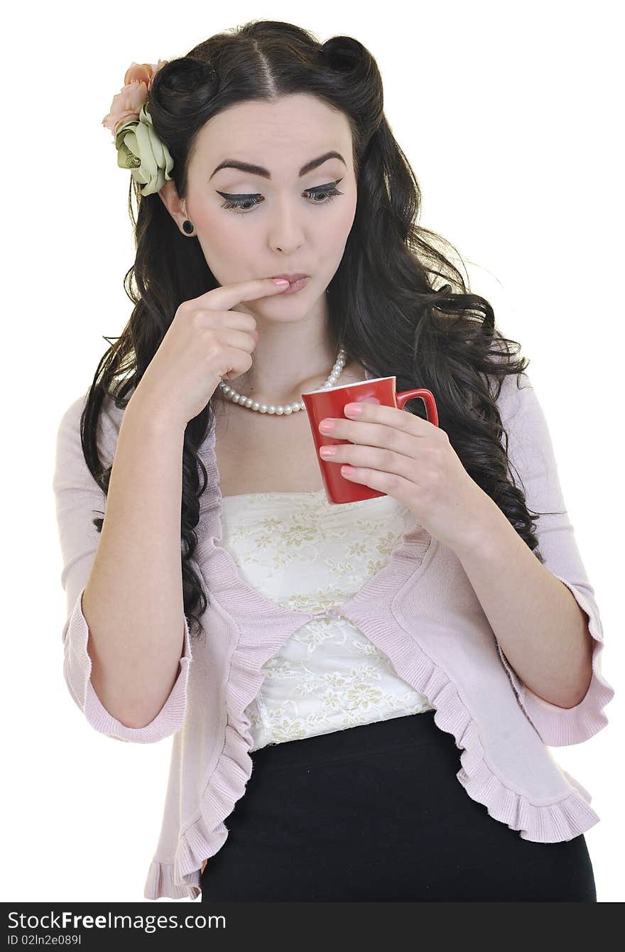 Beautiful woman with red coup of coffee isolated