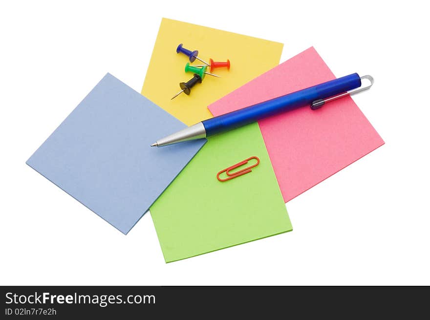 Pen and note isolated on white background