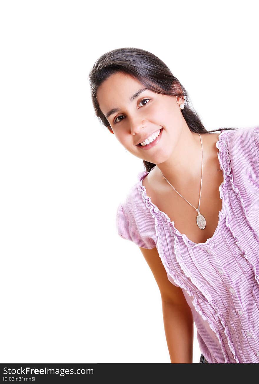 Young girl in casual clothes looking at the camera. White background, space for insert text or design. Young girl in casual clothes looking at the camera. White background, space for insert text or design