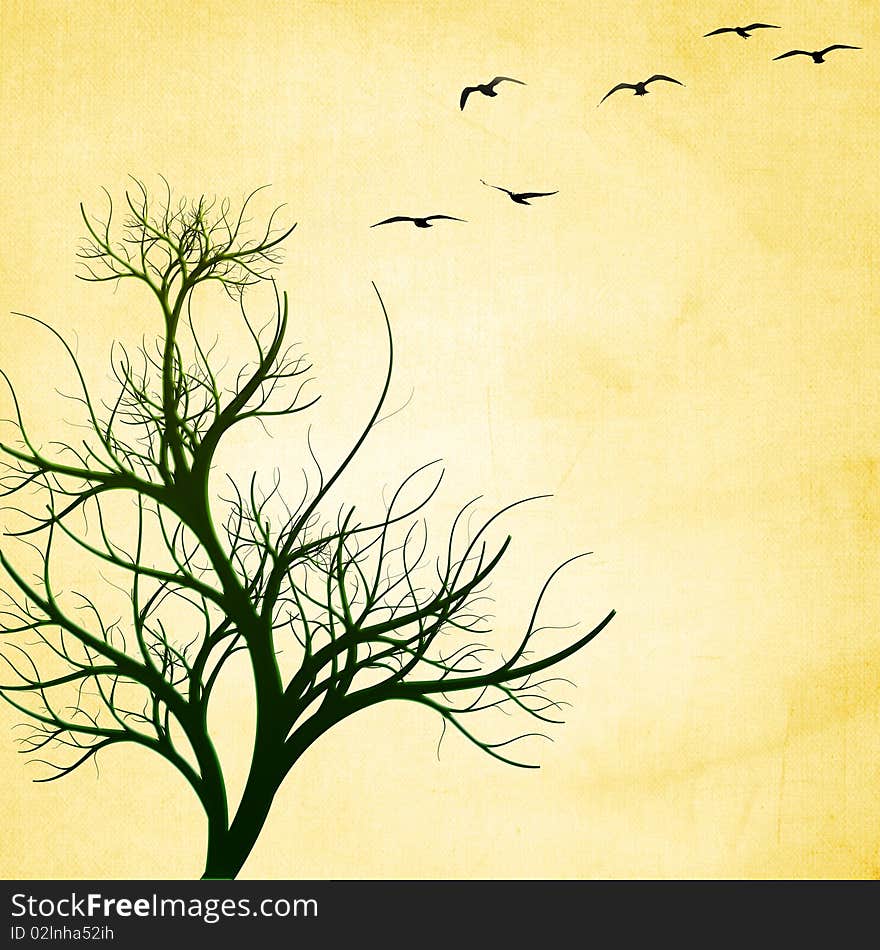 Textured tree with birds isolated on textured background in vector format