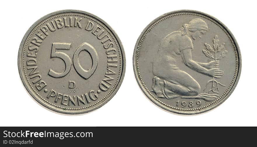 German 50 pfenning over a white background. German 50 pfenning over a white background