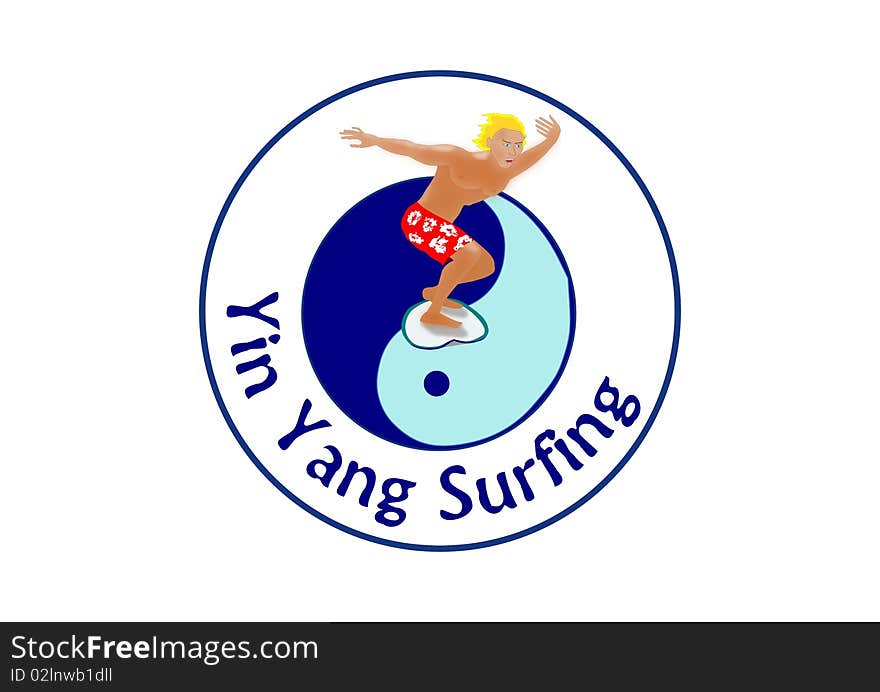 Illustration of a blond surfer in red short surfing a yin-yang logo like a wave. Illustration of a blond surfer in red short surfing a yin-yang logo like a wave