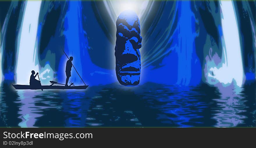 Illustration of two fishermen discovering a mysterious tiki in a cave with glowing waterfall. Illustration of two fishermen discovering a mysterious tiki in a cave with glowing waterfall