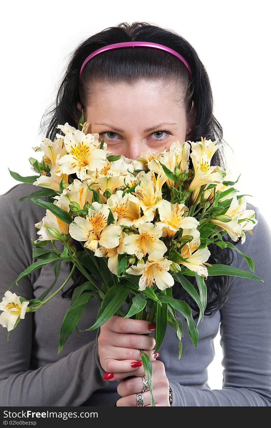 Happy beauty woman with yellow flowers