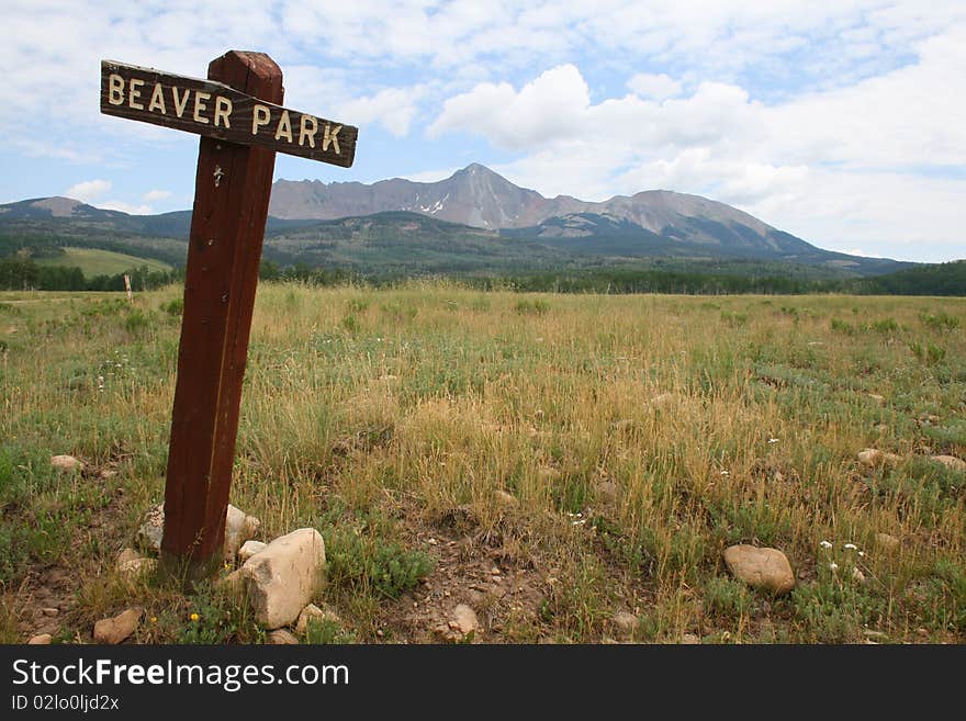 Sign and landscape, Beaver Park, Colorado.