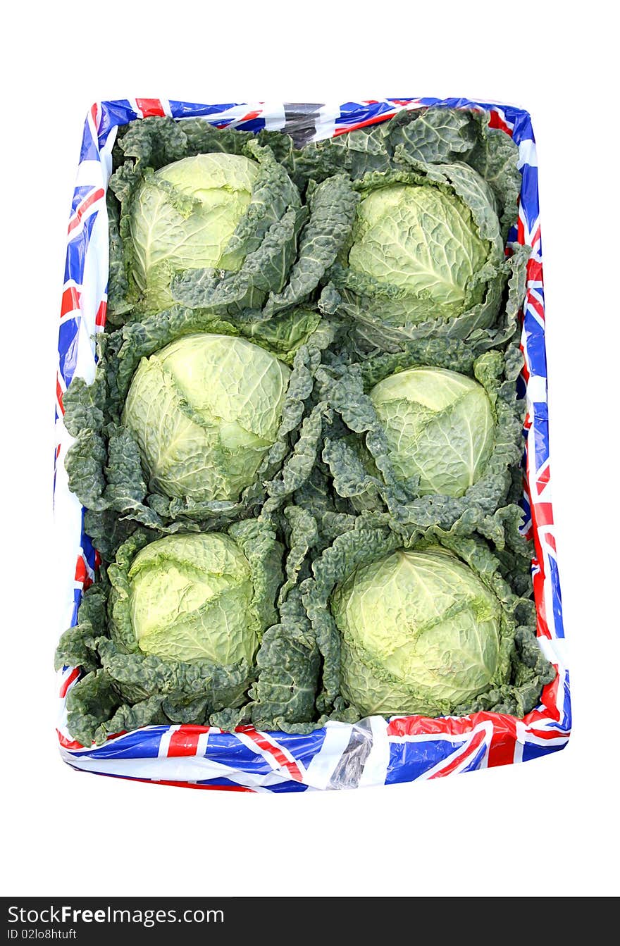 A Display Box of British Cabbage Vegetable Heads. A Display Box of British Cabbage Vegetable Heads.