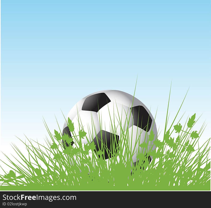 Abstract soccer football in grass on under blue sky.