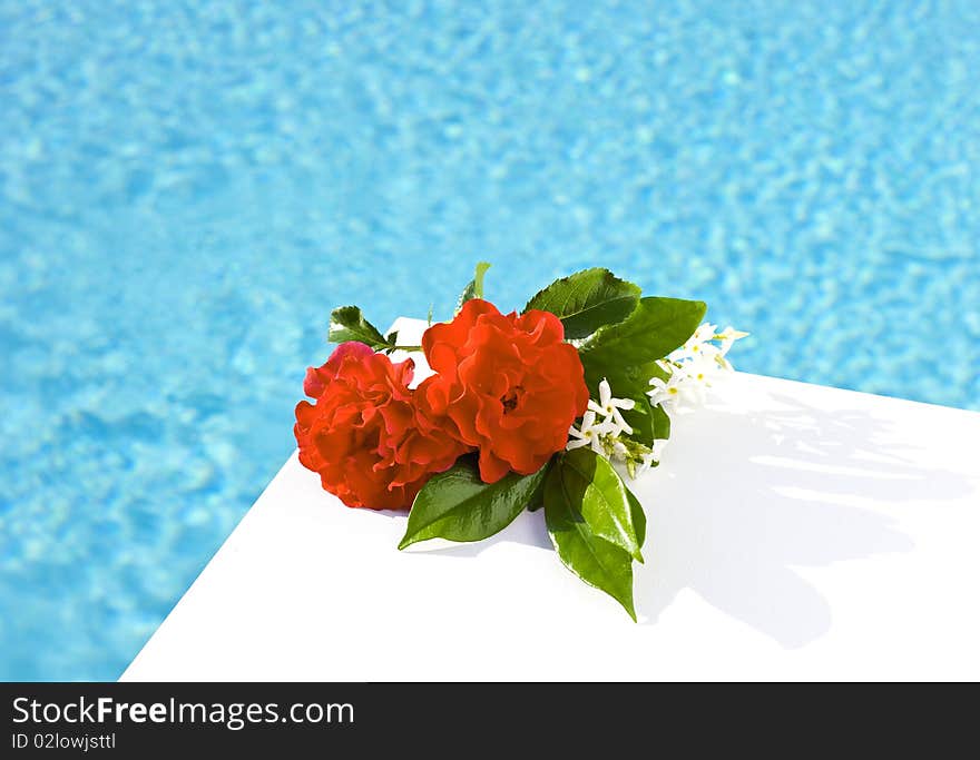 Red roses placed on board a private pool. Red roses placed on board a private pool.