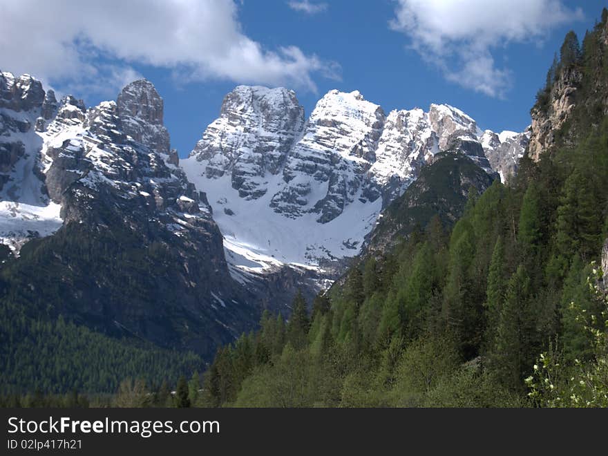 Dolomites in northern Italy: forest and snow