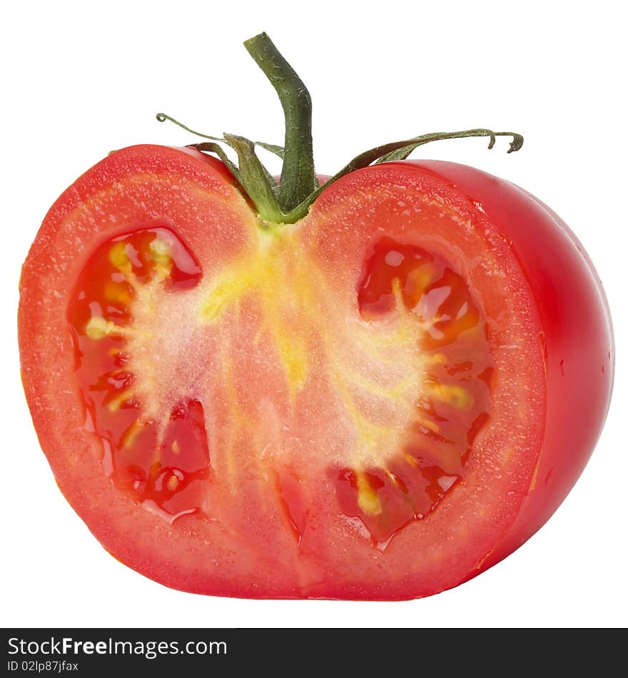 Tomato's half macro shot isolated over white background. Tomato's half macro shot isolated over white background