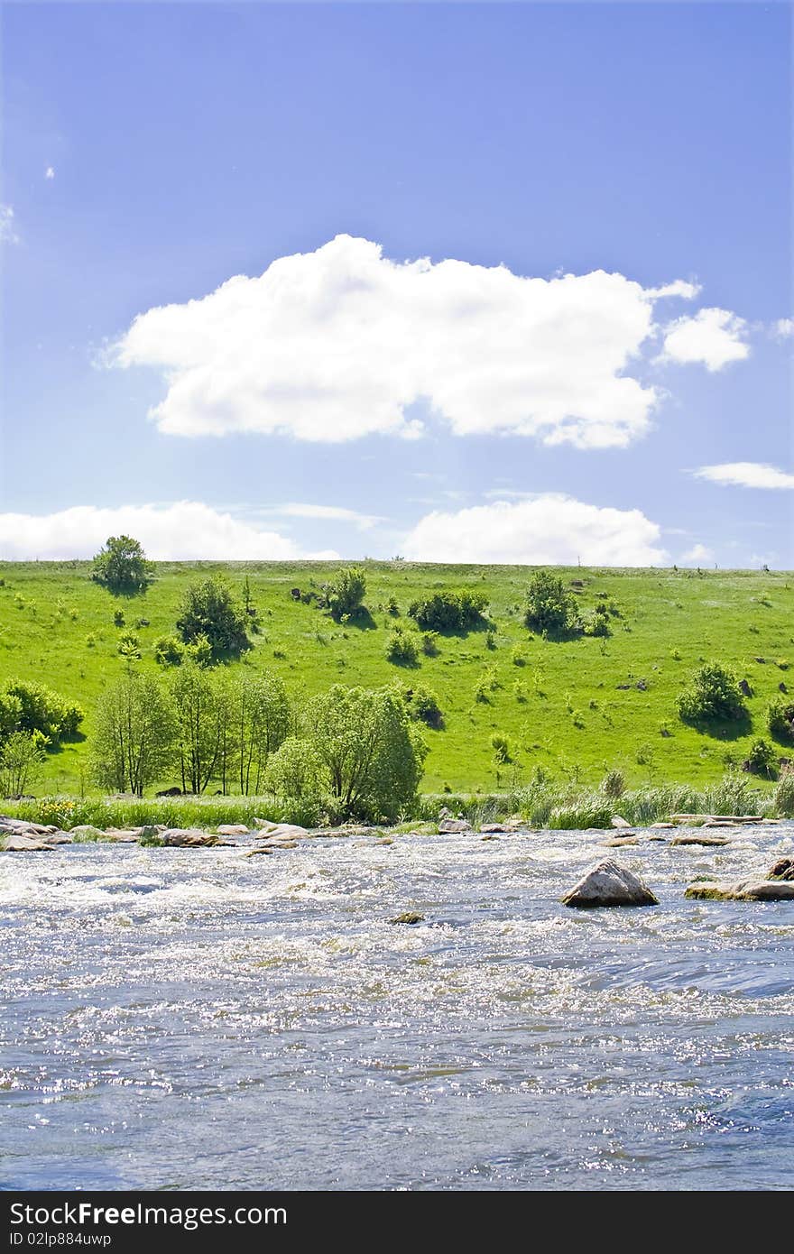 Nature. the blue river and mountain in the summer