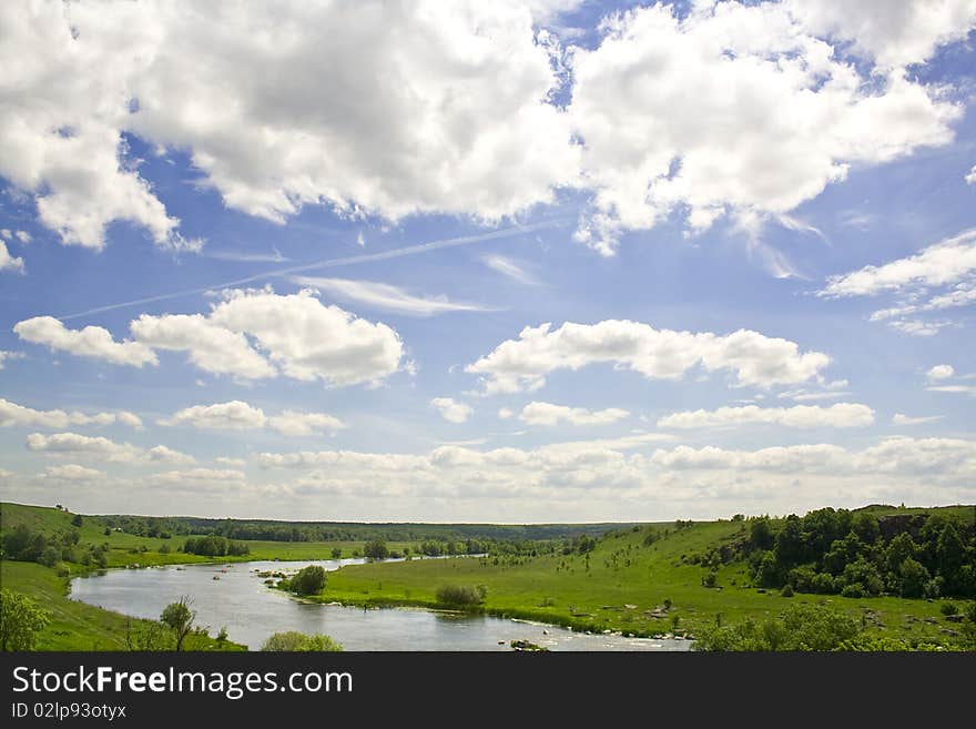 Nature. the blue river and mountain in the summer