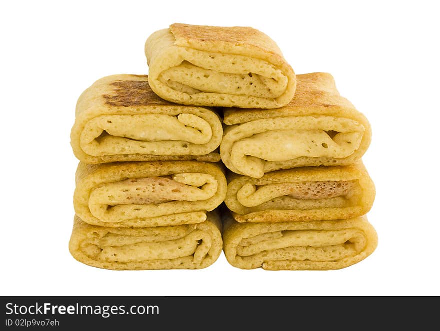 Stuffed pancakes on white background