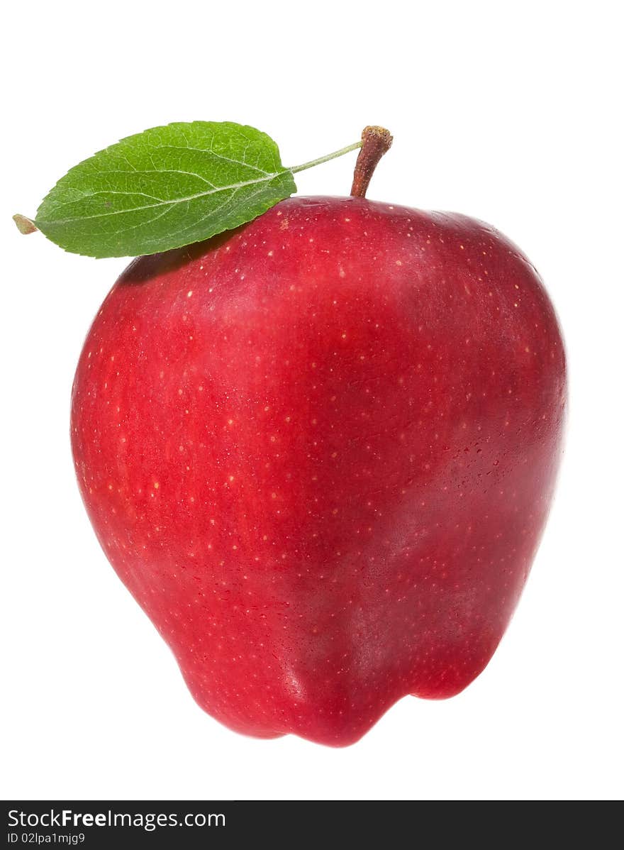 Red apple with leaf on white background