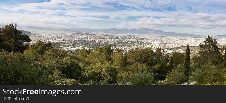 Panoramic view of Athens seen from Ymithos Mountain, Greece