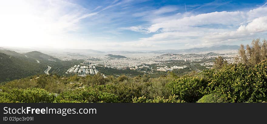 Panoramic view of Athens seen from Ymithos Mountain, Greece