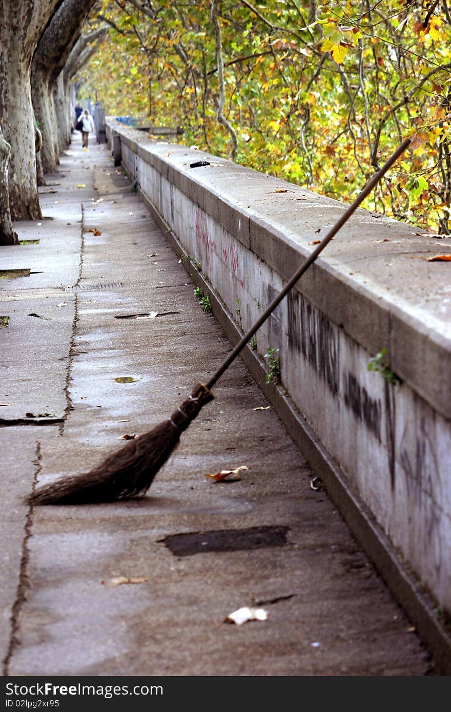 Solitary avenue with broom and leaf. Solitary avenue with broom and leaf