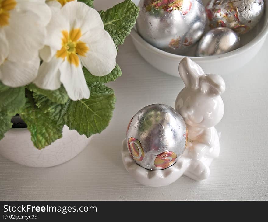 Decorated silver eggs at easter table