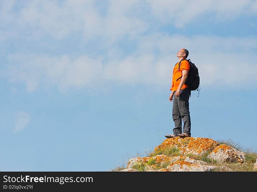 Hiker On Sky Background