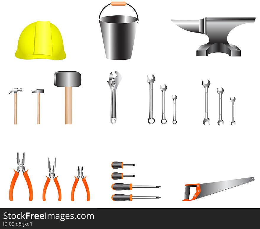 Set of necessary tools for the worker isolated over white