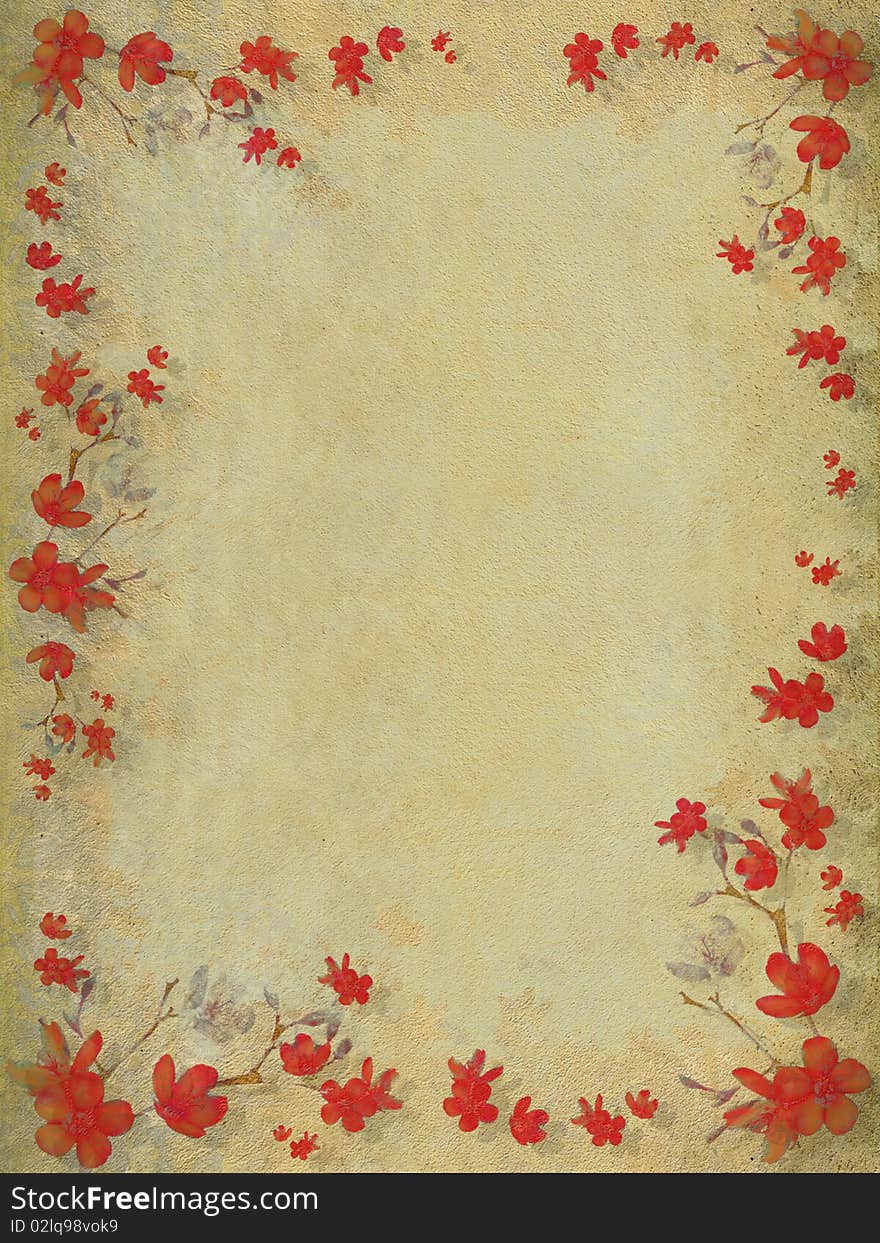 Red blossom flower border on textured light background