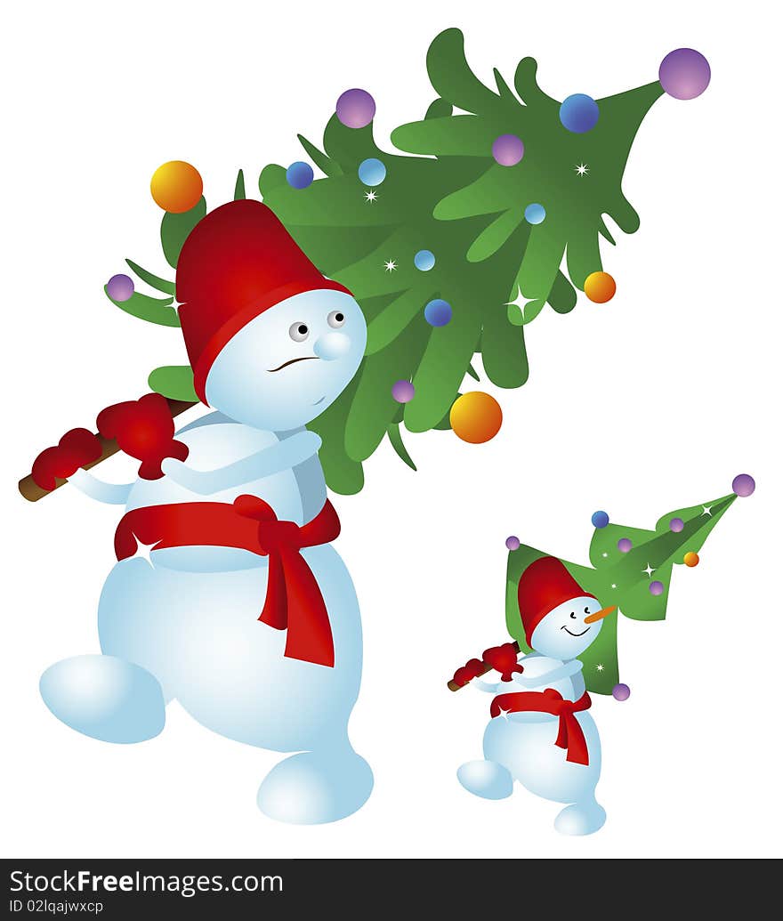 Two snowmen are a festive Christmas tree on a white background. Two snowmen are a festive Christmas tree on a white background