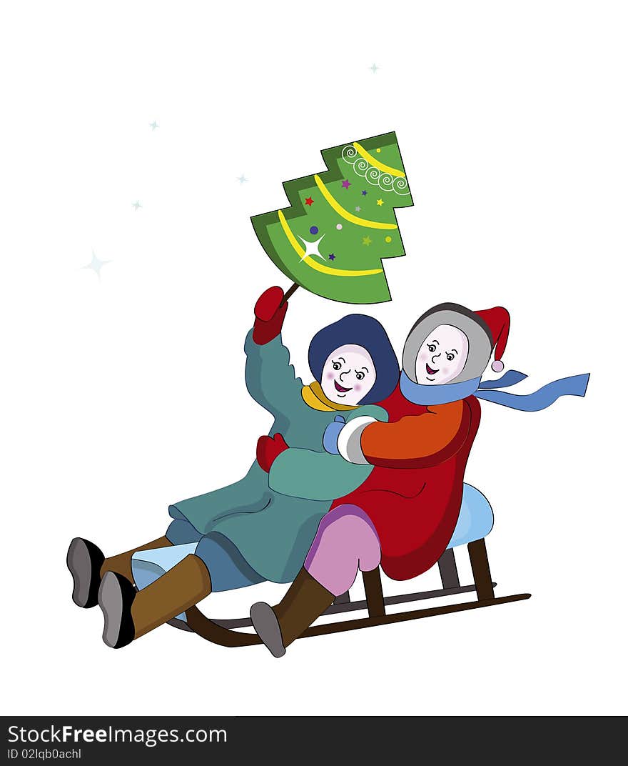 Boy and girl sledding and happy holiday. Boy and girl sledding and happy holiday