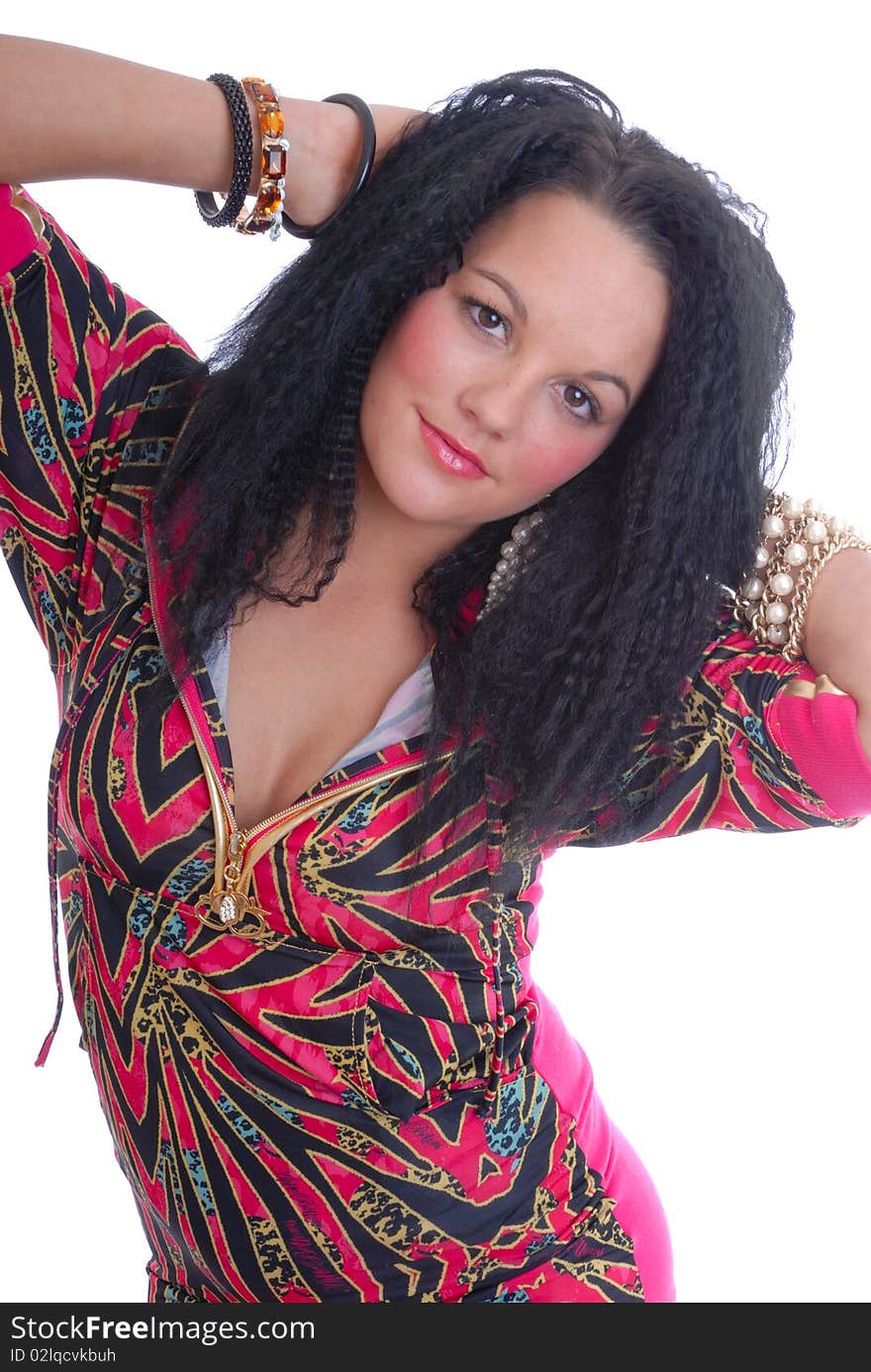 Photograph showing pretty young woman in colorful dress isolated. Photograph showing pretty young woman in colorful dress isolated