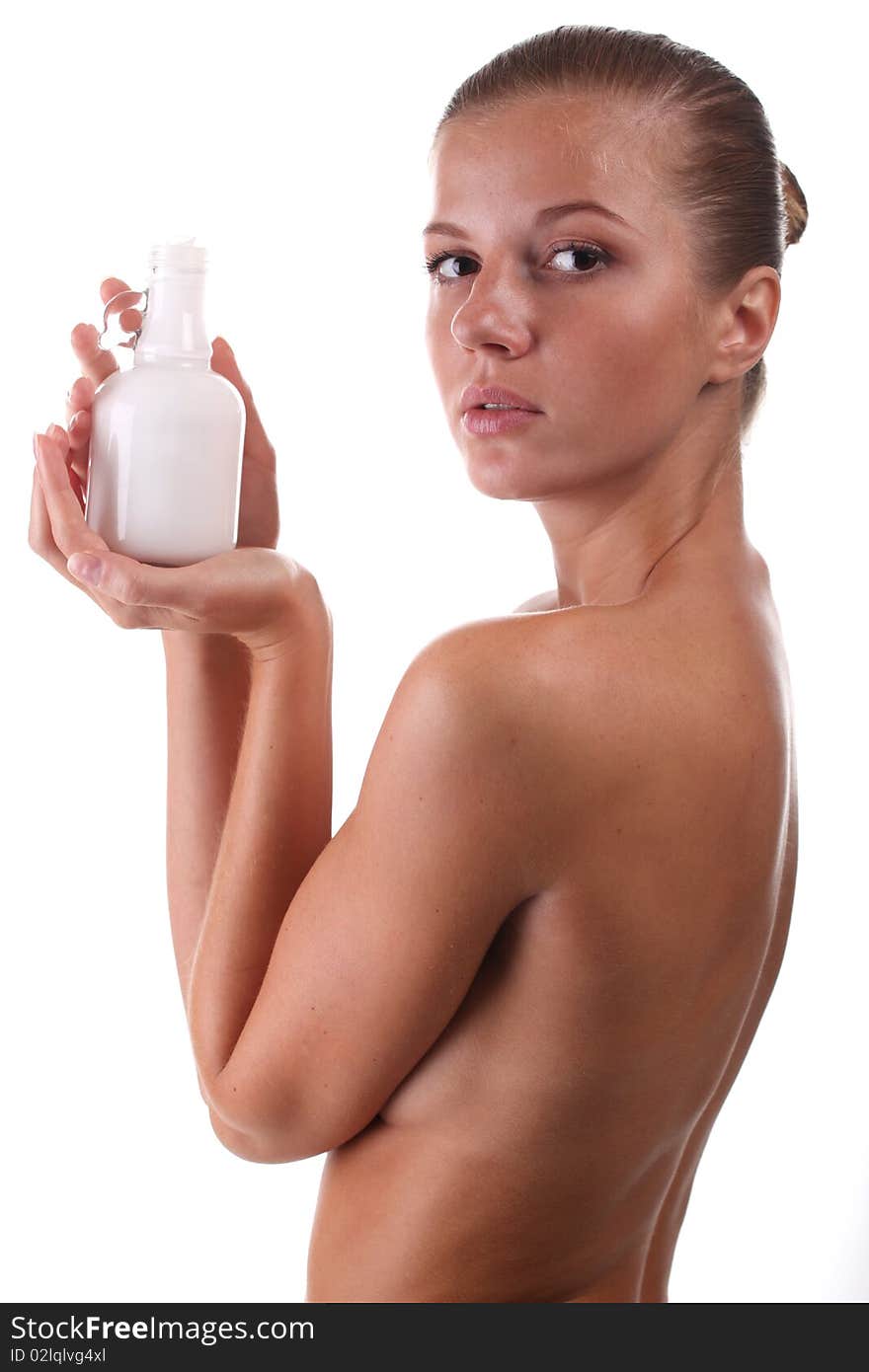 Woman care about her body with moisturizing cream. Woman care about her body with moisturizing cream