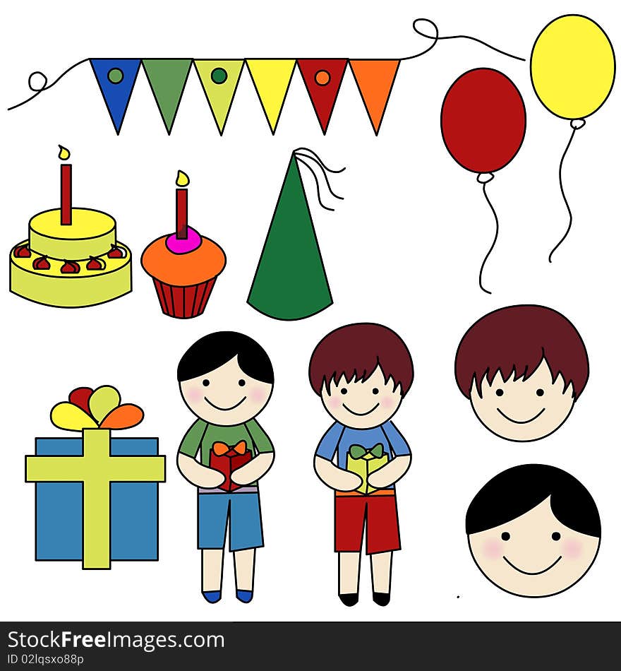 A vector illustration set of party decorations including balloons, cake, candle, gifts, cupcake, hat, characters and heads. A vector illustration set of party decorations including balloons, cake, candle, gifts, cupcake, hat, characters and heads