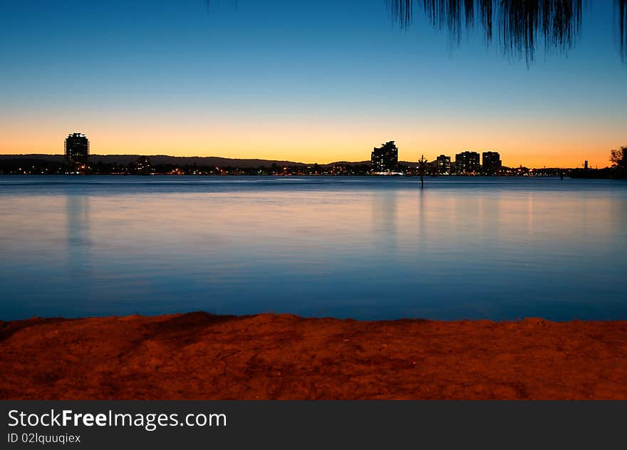 Evening light effect, sky, river and beach rich colour glow. Evening light effect, sky, river and beach rich colour glow.