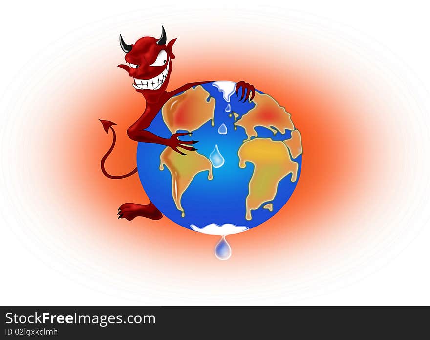 Illustration of a snickering devil holding planet earth in his arms and watching it melting. Illustration of a snickering devil holding planet earth in his arms and watching it melting