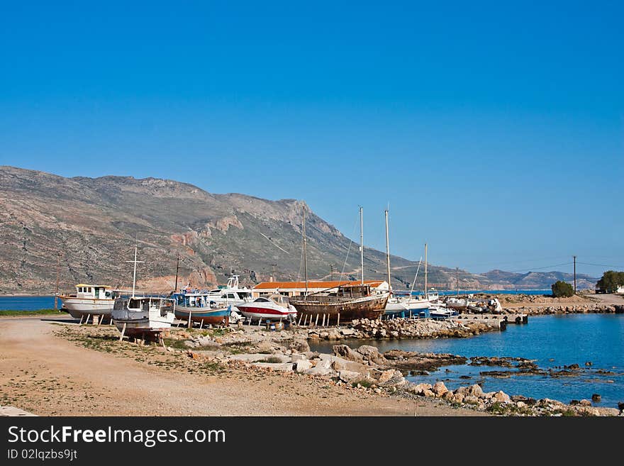 Boats in Kavonisi Harbour in Crete, Greece