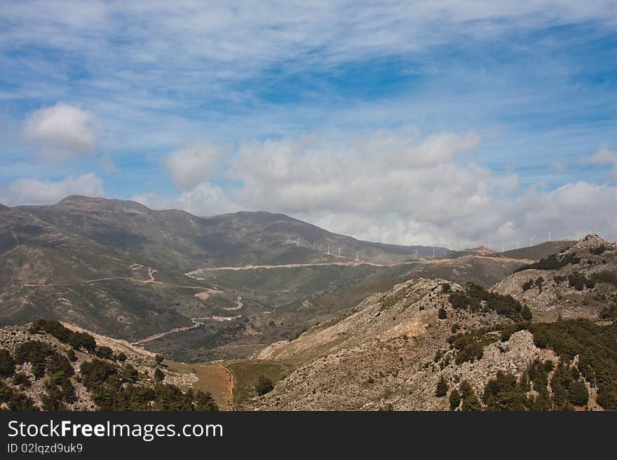 Landscape of an eolian farm in Crete, Greece