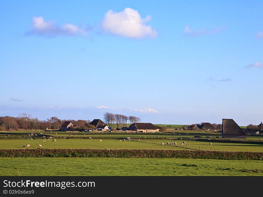 Landscape village at sunset