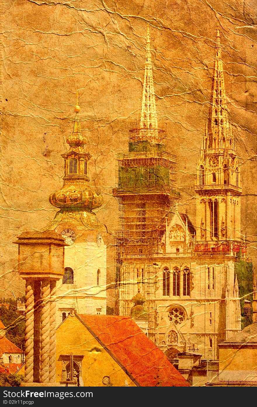 Cathedral in Zagreb - picture in artistic retro style