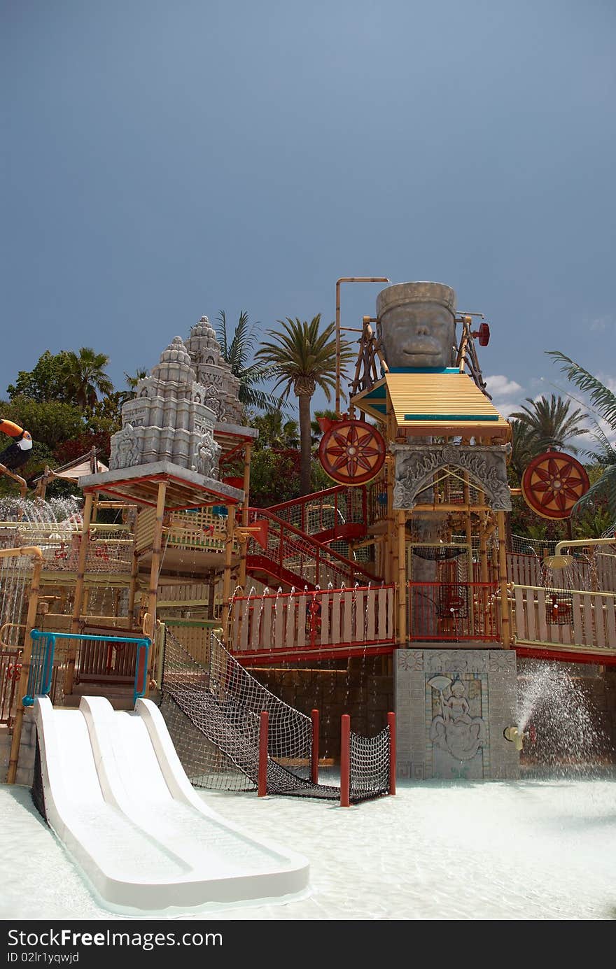 The lost city attraction in the water park. Spain, Tenerife