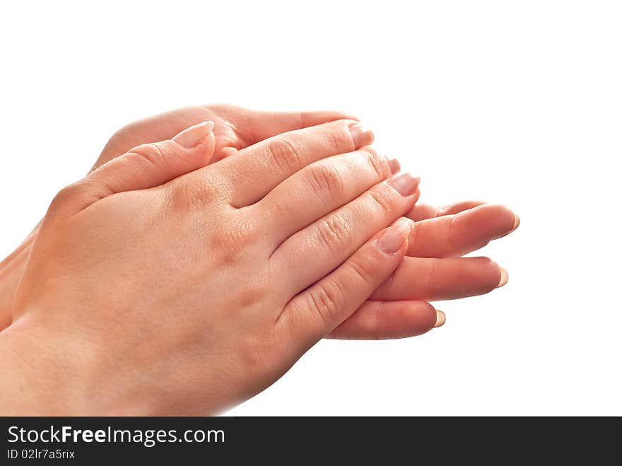 Female hand isolated on white background. Studio shot. Female hand isolated on white background. Studio shot