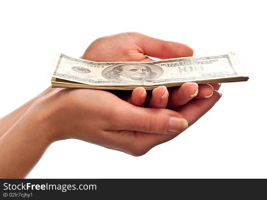 Money on woman's hand isolated on white background. Money on woman's hand isolated on white background