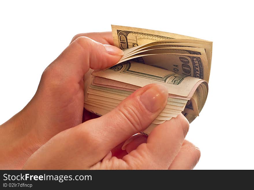 Woman counting dollars. Isolated on white background. Woman counting dollars. Isolated on white background