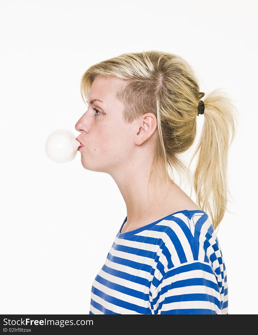 Girl with Bubble gum isolated on white background