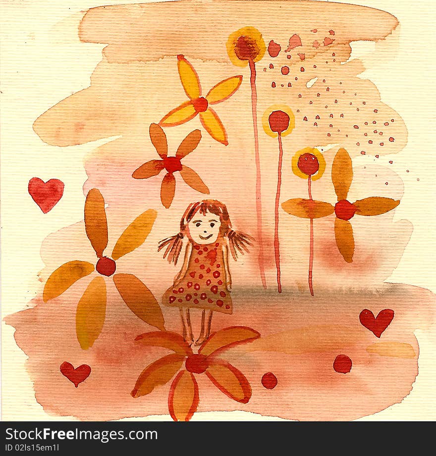 Flower background with a smiling girl (Hand maded )