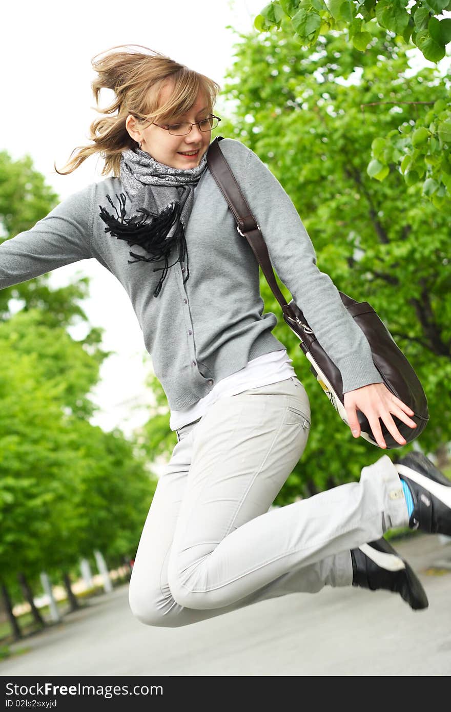 The girl makes a jump