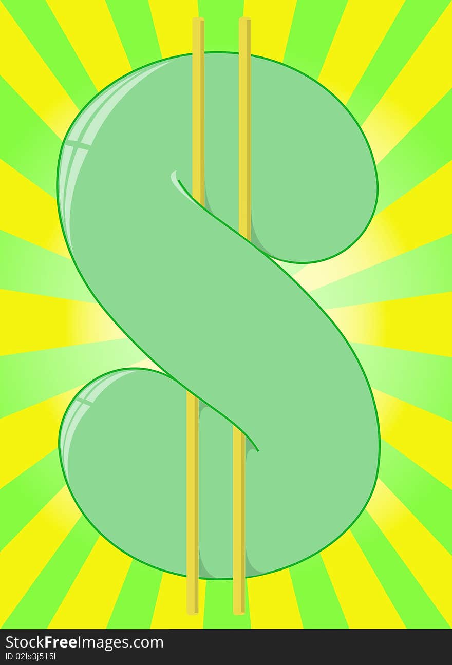 Green dollar sign on the yellow rays of the divergent