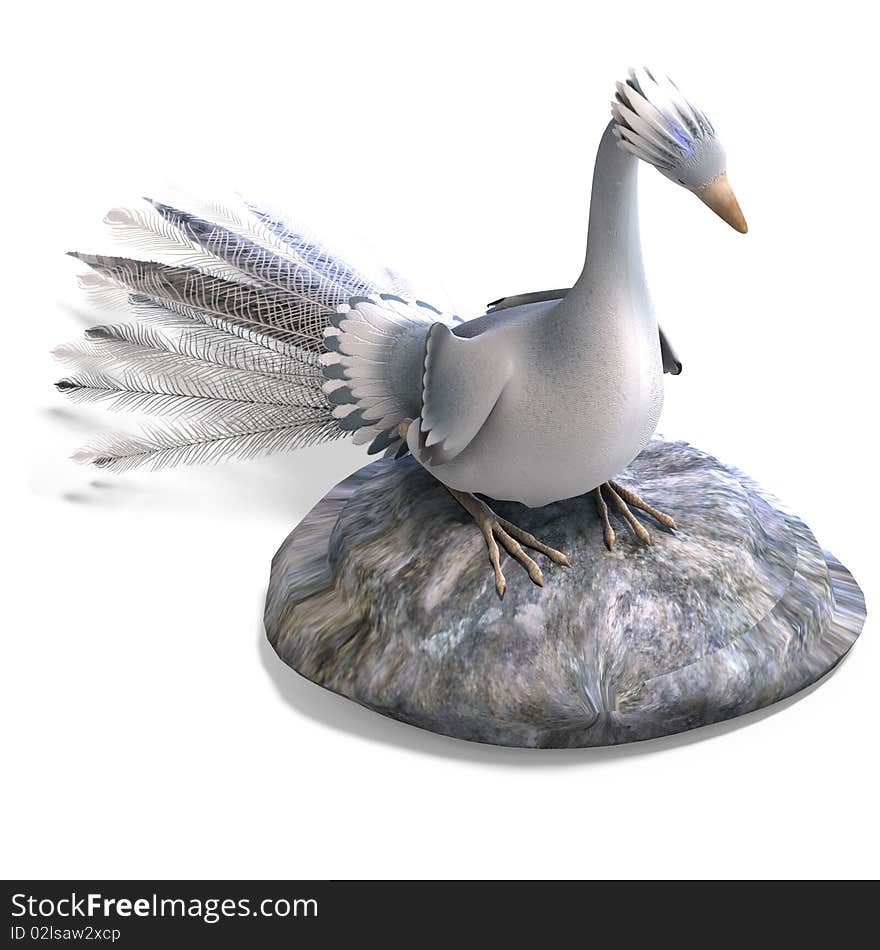 White fantasy bird with beautiful feathers. 3D rendering with clipping path and shadow over white